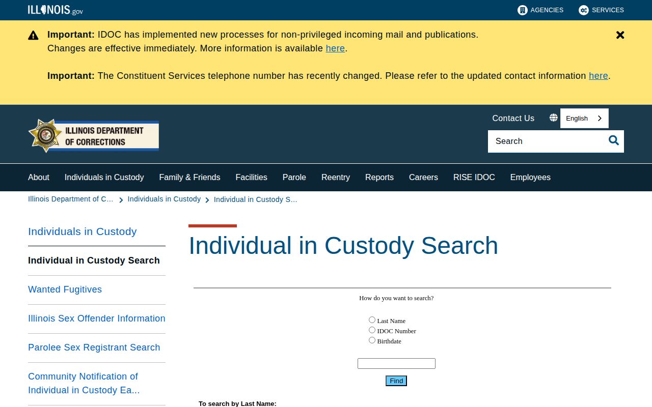 Illinois Department of Corrections individual in custody search page