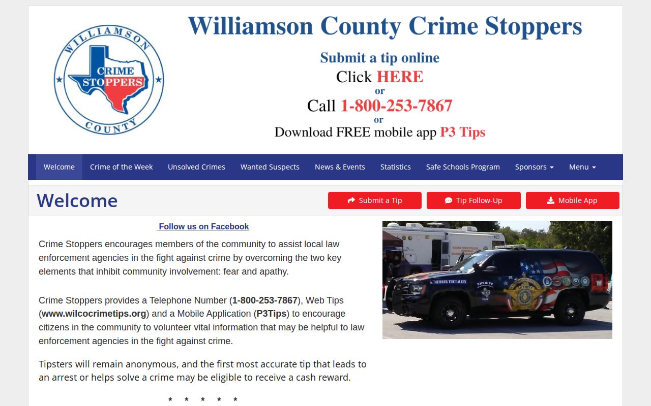 Williamson County Crime Stoppers tip information page