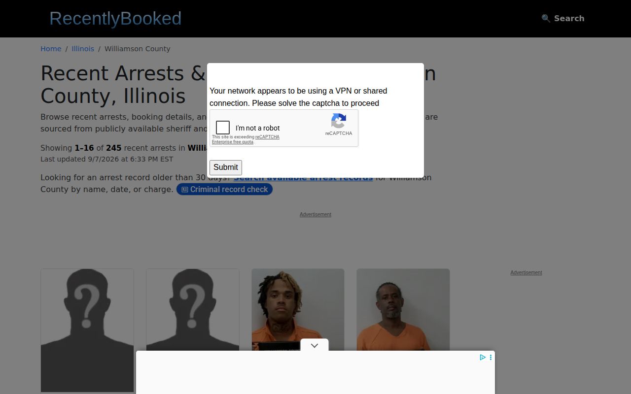 RecentlyBooked Williamson County rolling arrest index interface